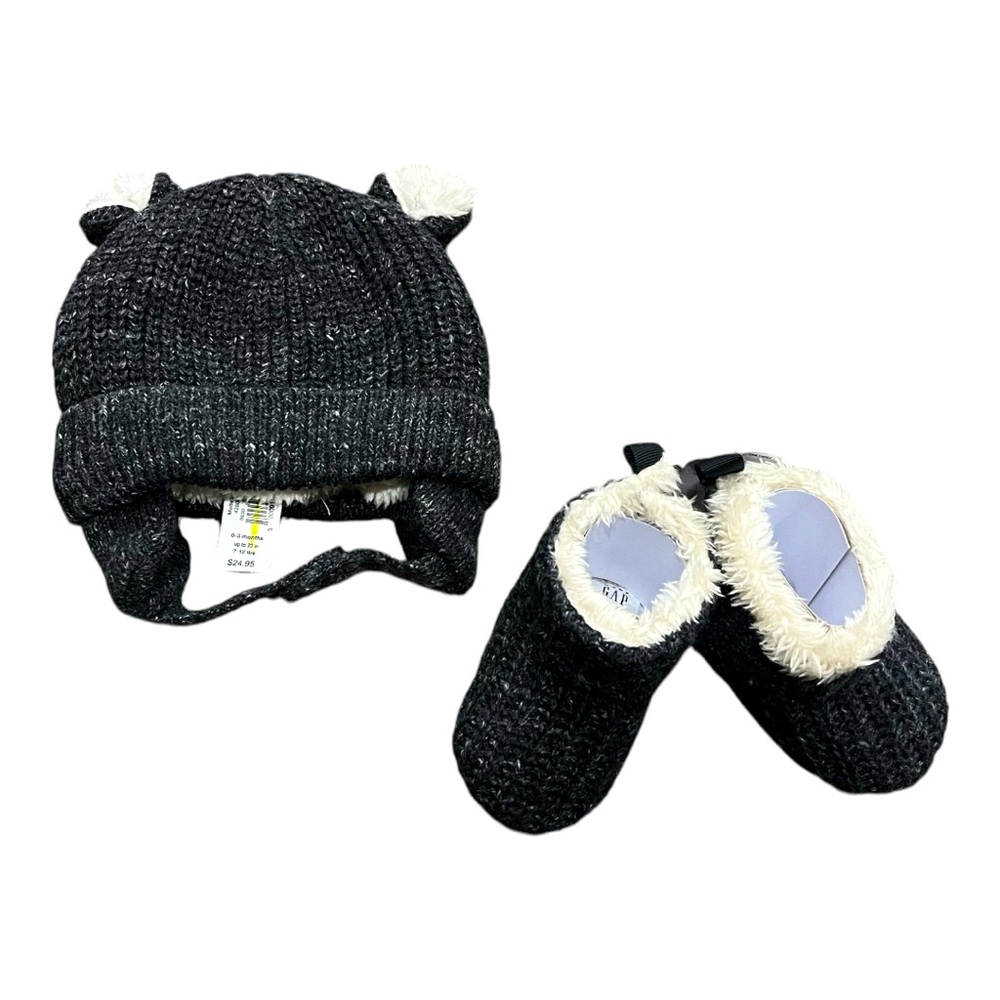 Baby GAP Sherpa Lined Bear Beanie And Booties Set, Charcoal Gray, Size 0-3 Month